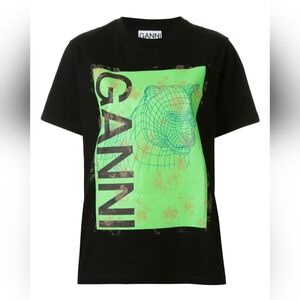 GANNI Graphic T-shirt Black with Green Cat M